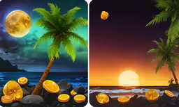 two photos of the same sunset and a tree on a rock beach,a pair of photos, each displaying some sunsets with the same person