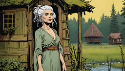 an old woman stands by a door on a small building near a stream,an animated image of a white haired woman next to a cabin