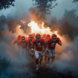 a large group of men in uniform running through fog