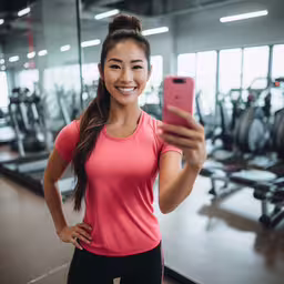 a woman is standing in a gym looking at her cell phone,a young asian woman smiling holding a pink iphone