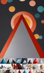 a collage of triangles and some circles on a black background