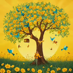 a painting of a man sitting on a chair under a tree,a cartoon tree has many little yellow flowers