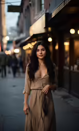 a woman in brown dress walking down a city street