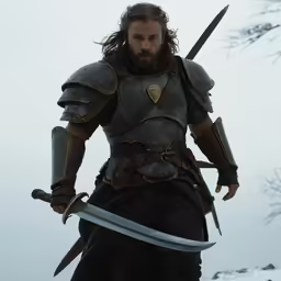 a man dressed in knight armor holds a sword