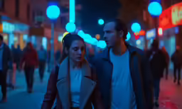 the man and woman are walking down the street