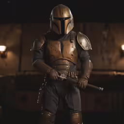 a star wars figure standing in front of a lamp