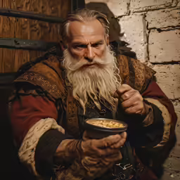 the old man is holding his bowl of food