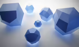 five blue hexagonal objects set against a white background