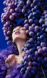 the woman in the purple dress is resting under a bunch of grapes