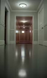 a hallway with some door and light on