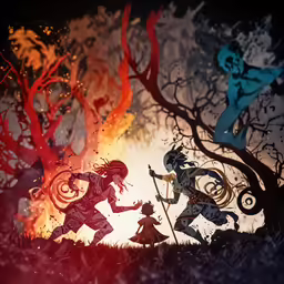 two people are fighting next to some fire and trees