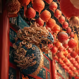 a large dragon statue next to a wall with lanterns on it