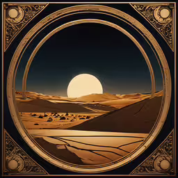 a painting of desert landscape with the sun coming up,an art deco poster depicting desert and moon