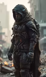 the man in the full armor stands among debris
