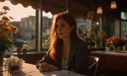 a woman at a restaurant table looking out a window