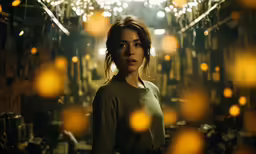a woman stands in a room that has some lights hanging off of it