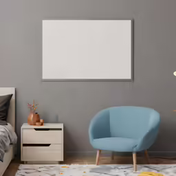 a chair, night stand and lamp in a bright bedroom