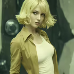 a woman in a beige coat and a tan shirt