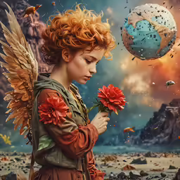 an artistic painting of a woman holding flowers