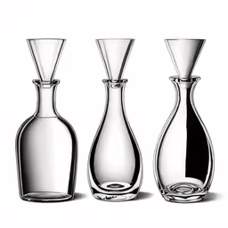 three crystal vases, one standing upright and the other in a downward position