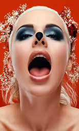 an advertisement for a beauty brand featuring an image of a female wearing flowered hair, a nose and eye make - up, and eyes