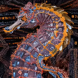 a drawing of a seahorse made out of different patterns and colors