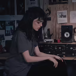 a woman sitting in front of a keyboard next to a musical keyboard