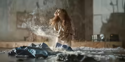 a woman walking across a floor covered with dust