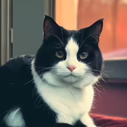 black and white cat with a white spot lying down on red cloth