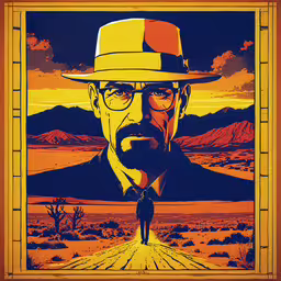 a man with a hat, glasses and mustache standing in the middle of an desert road,an illustrated image of walter in the desert