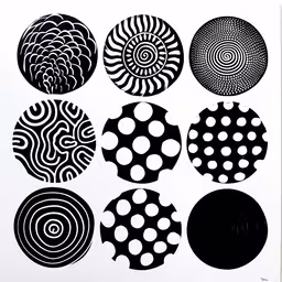 many different types of circles and dots,a poster with black and white circles
