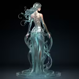 an artistic, surreally rendered dress is displayed,a girl is standing in front of a dark background