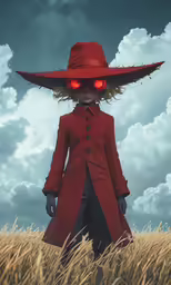 a person in a red coat and hat in a field