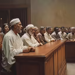 an old man sitting next to another man in a courtroom