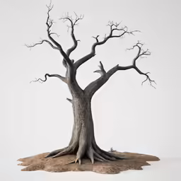 a dead tree in a barren area, on an isolated white surface
