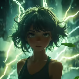 a digital artwork of a woman standing in a forest