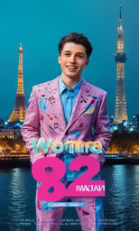 a young man with short hair wearing a pink suit and smiling for the camera