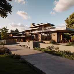 a large home with several terraces on the roof