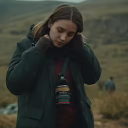 woman walking in mountains with a camera on her shoulder