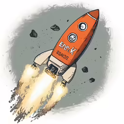 an orange rocket with an emo kid face and two arms that are flying in the air
