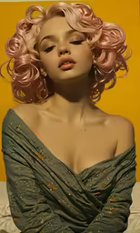 a beautiful blonde with short curly hair wearing a green dress