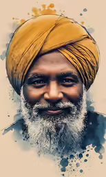 an oil painting of a man with white beard and orange turban