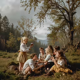a group of children sitting on top of a grass field