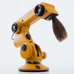a robotic that is yellow and has hair on it
