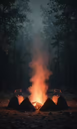 a campfire with the headlights on and some burning