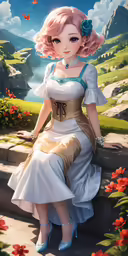 a digital painting shows a girl in a white dress and blue shoes sitting on a stone ledge