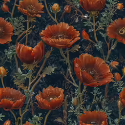 several bright red flowers bloom on the stems