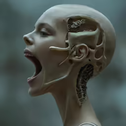 a beautiful young lady with an evil face and skull necklace