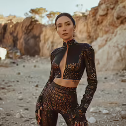 a model wearing black and gold outfit outdoors