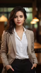a woman standing with her hands in her pockets